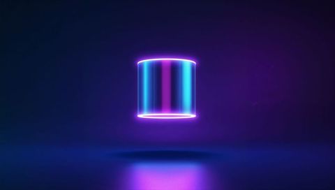 Neon holographic cylinder levitating above reflective floor with cyan magenta glow halo