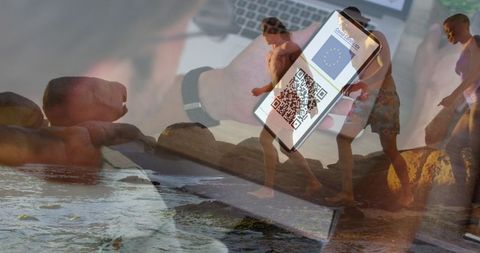 Digital nomad lifestyle with qr code authentication at beach