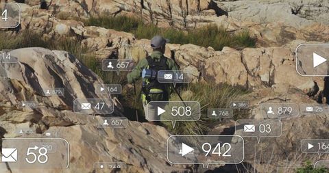 Adventurous Hiker with Social Media Overlay