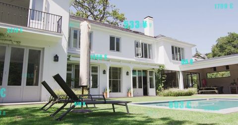 Modern two-story luxury home with pool and loungers featuring digital pricing overlay