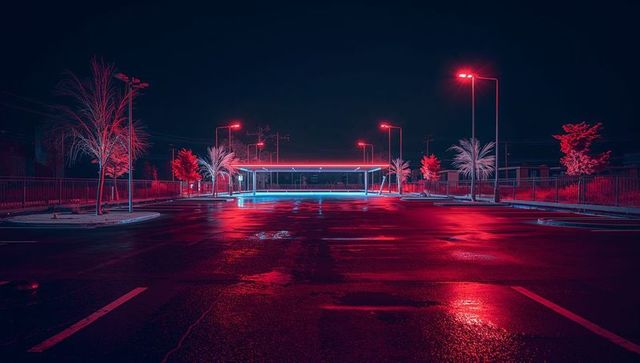 Futuristic Neon-lit Parking Lot at Night