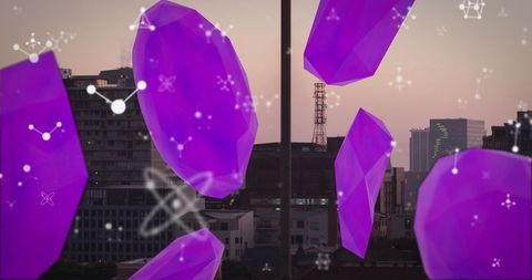 Floating Purple Crystals Over Urban Skyline with Futuristic Overlays