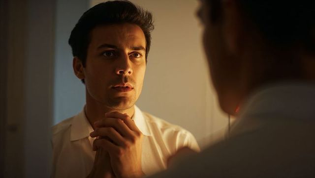 Man clasping hands studying reflection in mirror, moody warm portrait capturing introspective moment