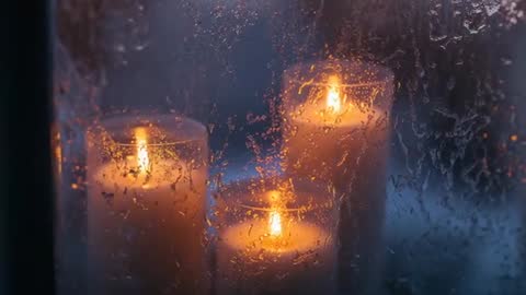 Slow-motion footage of rain hitting glass with three pillar candles flickering warm glow