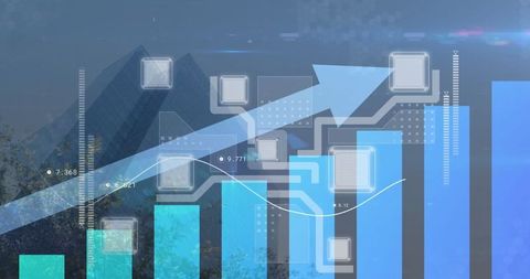 Digital data analysis over cityscape with blue sky