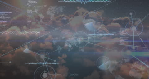 Futuristic Network Connections Overlaying Cloudy Sky