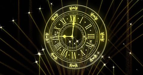 Glowing New Year's Clock Striking Midnight with Sparkling Fireworks - Download Free Stock Images Pikwizard.com