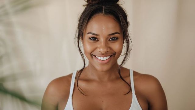 Smiling woman wearing white tank top and top-knot bun on beige minimalist backdrop