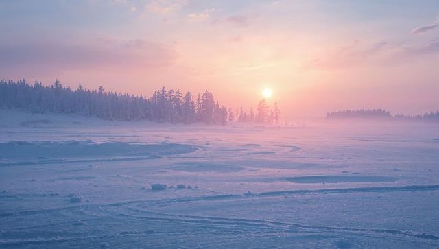 Serene frozen lake sunrise casting pastel light across snowy forest and morning mist