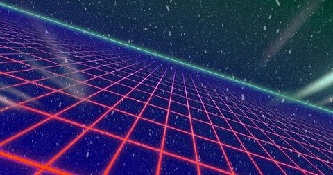 Retro neon grid horizon with glowing cyan rim and falling snow particles 1980s synthwave