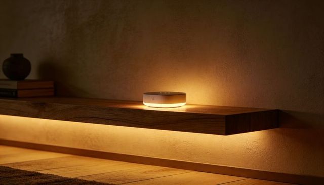 Smart ambient puck light casting warm glow on floating wooden shelf