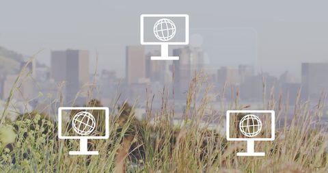 Digital Network Icons Overlooking Urban Cityscape