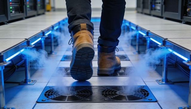 Technician walking through data center aisle over vapor rising from perforated floor fans