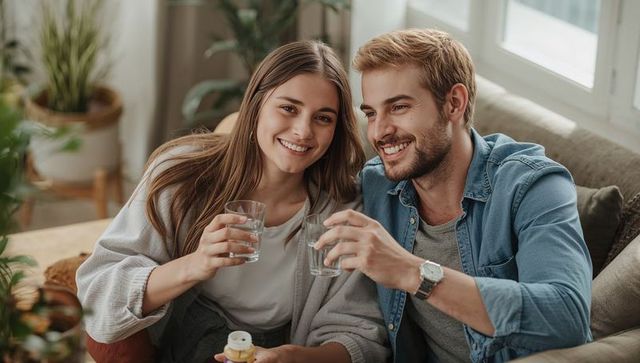 Couple toasting on sofa while holding pill bottle cozy at-home wellness and care