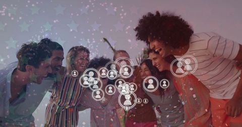 Group of Friends Enjoying Beach Sunset With Social Media Connectivity Icons