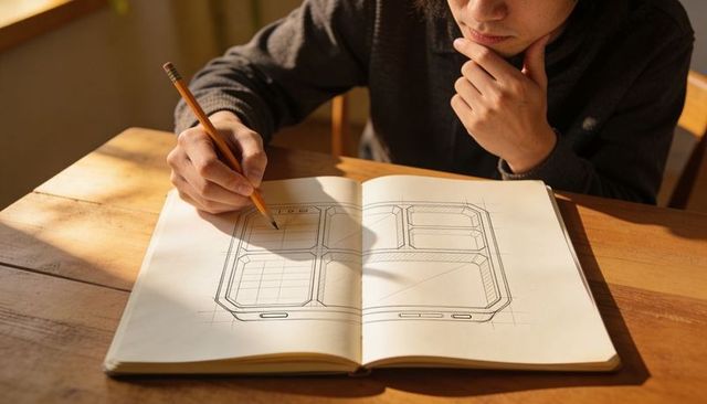 Sketching designer creating foldable device concept in sketchbook on sunlit wooden desk