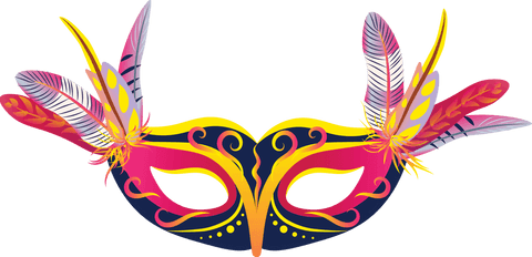 Vibrant carnival mask with decorative feathers on transparent background