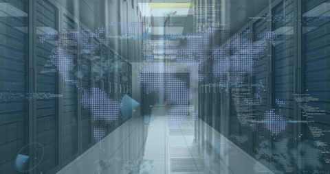 World Map Overlay in Modern Data Center Corridor