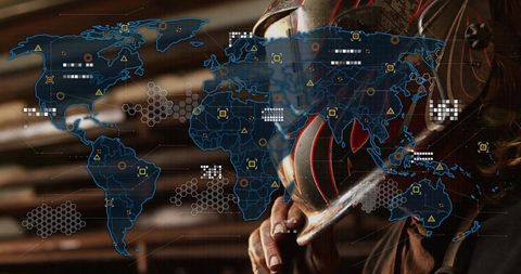 Industrial worker wearing respirator holding helmet viewing ar world map overlay hud