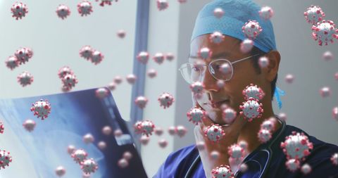 Doctor Examining X-Ray Amidst 3D Coronavirus Representation