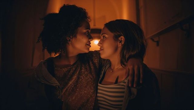Young women sharing intimate moment on stairwell under warm amber backlight, casual embrace