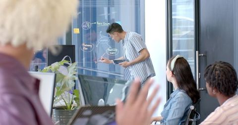 Business Presentation with Marketing Plan Brainstorming in Modern Office