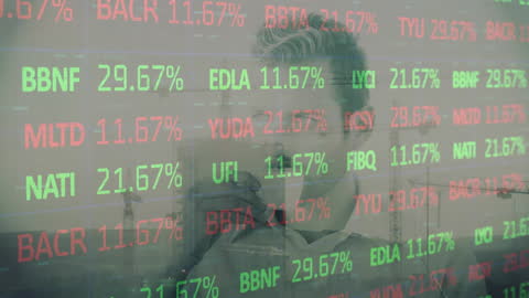 Businessman Analyzing Stock Market Data with Urban Overlay