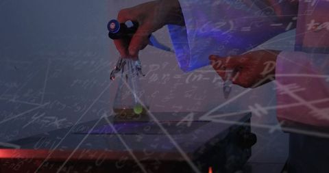 Scientist Conducting Experiment with Futuristic Equations Overlay