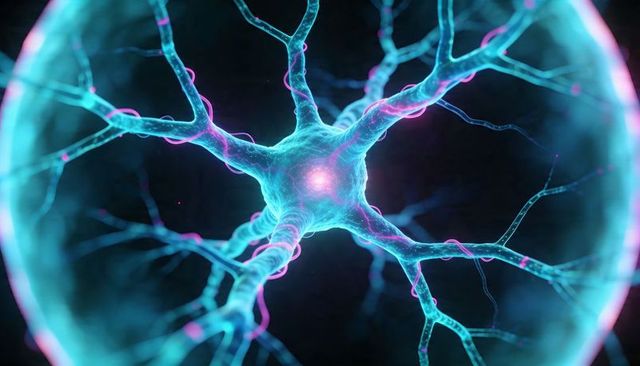 Glowing neuron soma radiating dendrites and synapses with neon blue pink halo