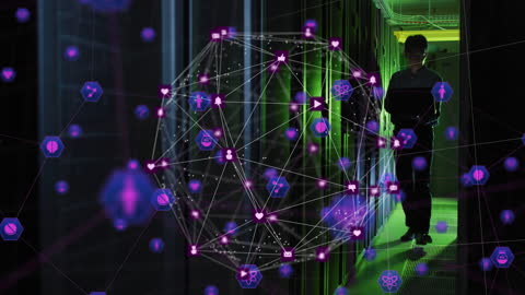 Engineer Examining Servers with Digital Icons Globe Overlay