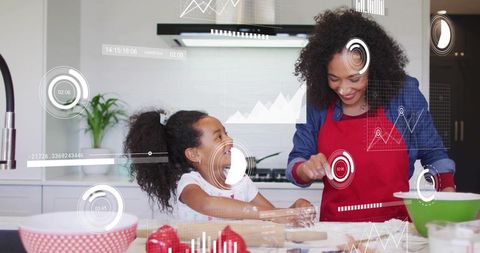 Mother daughter kneading dough on kitchen island wearing red apron, joyful family baking