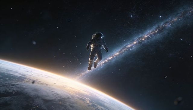 Astronaut floating above earth limb with milky way trail and space debris