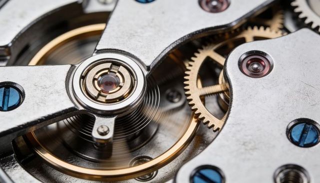 Macro mechanical watch balance wheel and escapement showing hairspring and jewel bearings