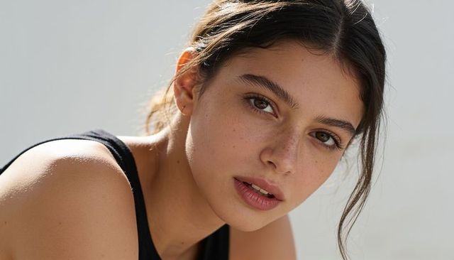 Natural freckled woman showing freckles wearing black tank top and stud earring closeup