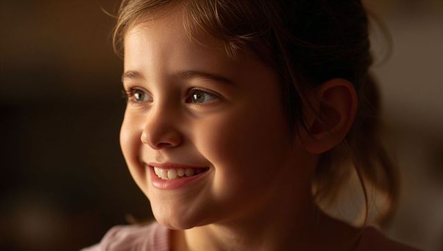 Smiling young girl looking left with warm catchlight and soft bokeh closeup
