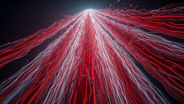 Streaming red and white neural filaments converging toward bright vanishing light