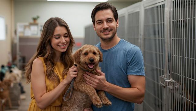 Young couple adopting rescue dog in shelter kennel, smiling new pet owners