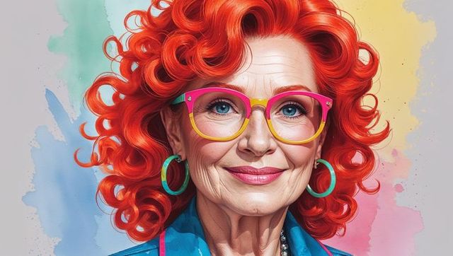 Vibrant red-haired senior in colorful art studio