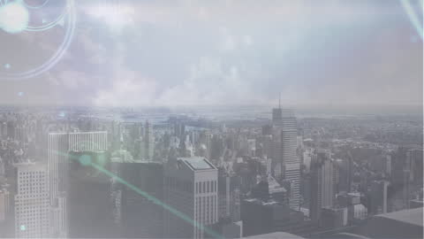 Futuristic Cityscape with Digital Connections Overlaid