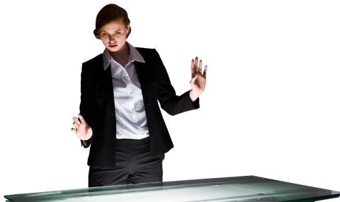 Businesswoman is standing confidently over a lighted desk on transparent background, ideal for business promotional materials, corporate presentations, websites, and office articles.