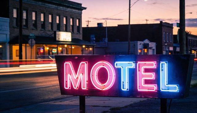 Glowing neon motel sign lighting small-town roadside with light trails at dusk