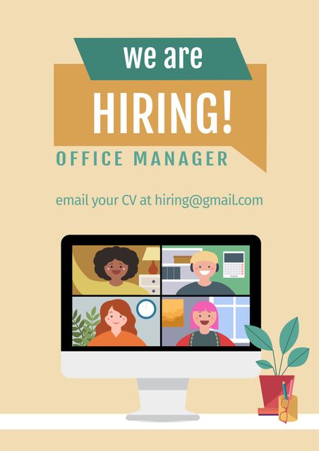 This poster announces a job vacancy for an office manager, featuring bold text 'We are Hiring' with an email address for applicants. Illustrated characters on a computer screen represent team members, making it suitable for job ads, websites, social media campaigns, or company recruitment drives. Ideal for promoting a welcoming and diverse work environment in digital or physical formats.