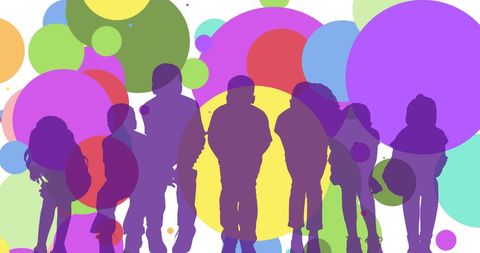 Colorful silhouettes of children with vibrant circles background