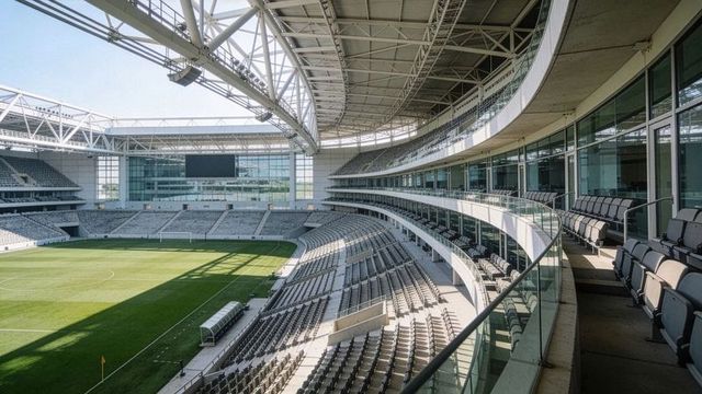Showcasing modern soccer stadium curved stands and glass suites under retractable canopy