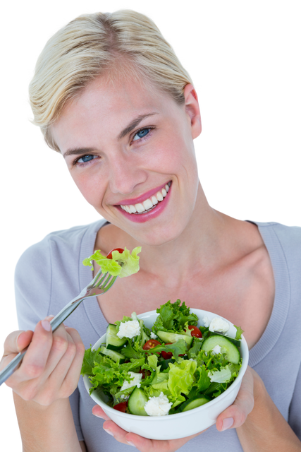 Happy blonde woman holding bowl of fresh green salad with smile, healthy eating transparent backgrou - Download Free Stock Videos Pikwizard.com