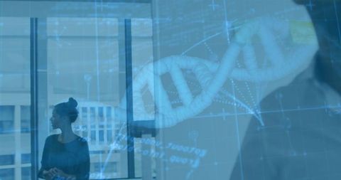 Holographic DNA Projection in Modern Laboratory with City Skyline Background