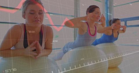 Women Exercising on Fitness Balls with Digital Investment Overlay