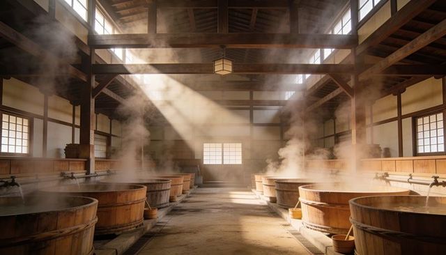 Sunlit traditional japanese bathhouse with steaming wooden soaking tubs and shoji light