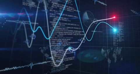 Futuristic neon data visualization dashboard showing curved line graphs and glowing nodes