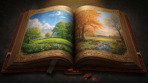 Ornate Open Book with Nature Illustrations and Autumn Leaves